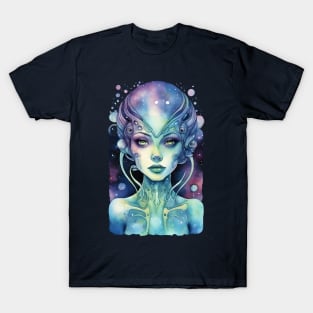 Alien Girl, colorful watercolor space art T-Shirt